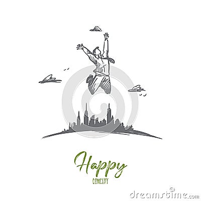 Freedom, businessman, work, happy, free concept. Hand drawn isolated vector Cartoon Illustration