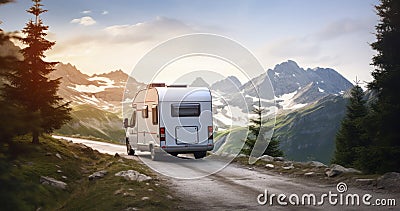 Freedom camper travel on a mountain, family camper travel transport and holiday concept Stock Photo