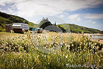 Freedom camping in caravans at an East Coast beach, Gisborne, North Island, New Zealand Stock Photo