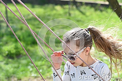 Freedom, carefree lifestyle and fun. Fashion girl in sunglasses enjoy swinging on sunny day. Little child on swing in summer yard. Stock Photo