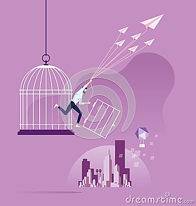 Freedom concept. Businessman escape from birdcage by paper plane Vector Illustration