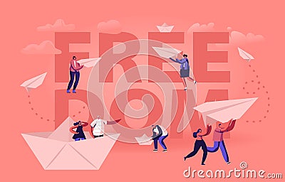 Freedom Concept. Happy People Throwing Paper Airplanes and Floating on Paper Ship. Tiny Male and Female Characters Vector Illustration