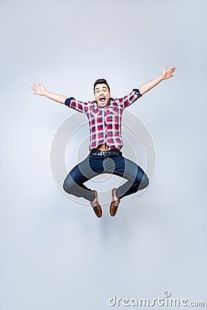 Freedom, crazy, funky, carefree, summer mood. Excited brunete gu Stock Photo