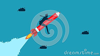 Freedom of creativity or imagination. a businessman riding a pencil rocket flying in the sky Vector Illustration