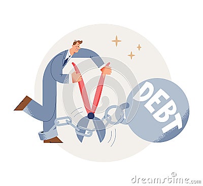 Freedom from debt ball of happy businessman, man in suit cutting long chain with scissors Vector Illustration
