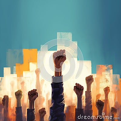 Freedom expression raised hands against an abstract backdrop for rights Stock Photo