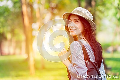 Freedom and Finding Concept: Casual cute smart Asian women walking in the park Stock Photo