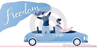 Freedom - happy free woman in cabriolet cheering joyful with arm Vector Illustration