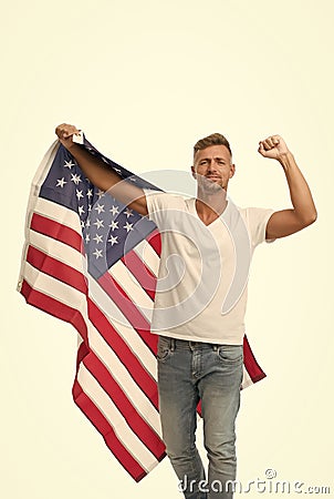 Freedom has never been free. Happy man celebrate independence day. American citizen hold american flag. Enjoying free Stock Photo