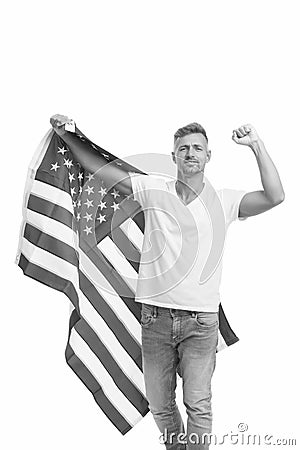 Freedom has never been free. Happy man celebrate independence day. American citizen hold american flag. Enjoying free Stock Photo