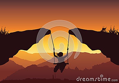 Freedom and independence concept background, Vector silhouette of a young teenager girl swinging over the mountain. Vector Illustration