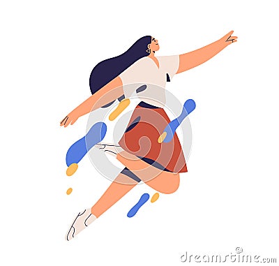 Freedom, inspiration and creative energy concept. Happy active enthusiastic young woman flies. Free energetic girl Vector Illustration