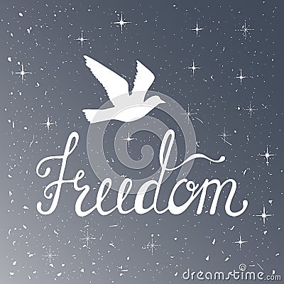 Freedom. Inspirational quote. Modern calligraphy phrase with silhouette bird. Night sky pattern. Vector Illustration