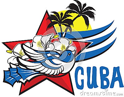 Freedom and liberty symbol - blue cuban bird, red star, flowers, sun and palms. Icon logo with inscription Viva Cuba. Vector Illustration