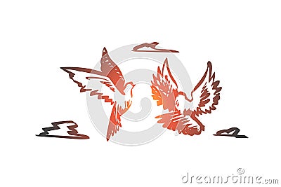 Freedom, peace, couple, flight, birds concept. Hand drawn isolated vector. Vector Illustration