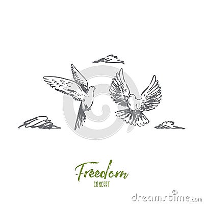 Freedom, peace, couple, flight, birds concept. Hand drawn isolated vector. Vector Illustration