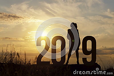 Freedom Silhouette business woman and 2019 . Stock Photo