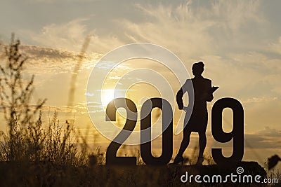 Freedom Silhouette businesswoman and 2019 . Stock Photo