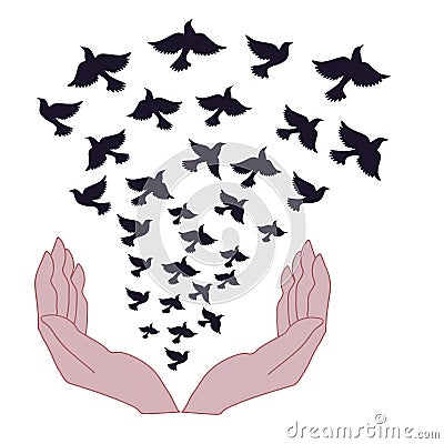 Freedom symbol. Free flight. Hands release the dove of peace. Vector Illustration