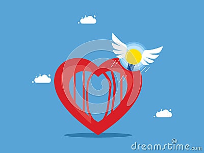 Freedom of thought and discovery of ideas. a light bulb blew out of the heart Vector Illustration