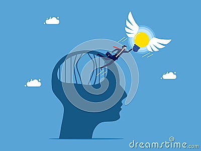 Freedom of thought and imagination. The light bulb led the businessman to escape from brain prison Vector Illustration