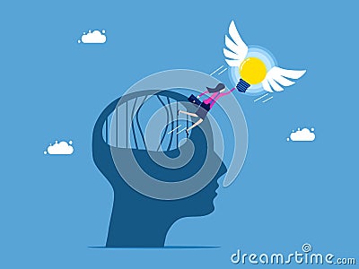 Freedom of thought and imagination. The light bulb led the businesswoman to escape from brain prison Vector Illustration