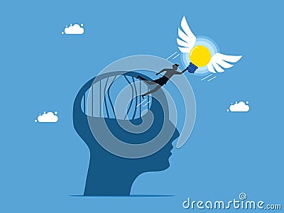 Freedom of thought and imagination. The light bulb led the man to escape from brain prison Vector Illustration