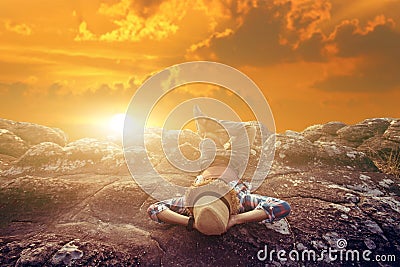 Freedom touristman relaxation with nature on sunset Stock Photo