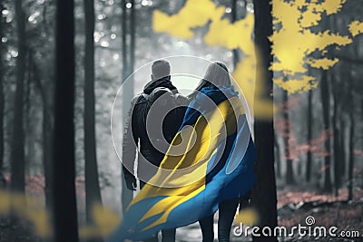 Freedom in the Woods: Ukrainian Couple with Flag Walking Hand in Hand Stock Photo