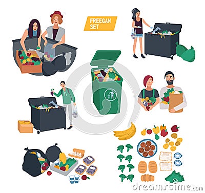 Freeganism set. freegan people search food in dumpster, trash bin, garbage can Vector Illustration