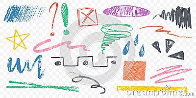Freehand colorful crayon strokes, charcoal pencil curly lines and squiggles Vector Illustration