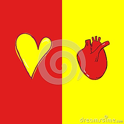 Freehand Doodle Vector Illustration Anatomical Realistic Human Heart Romantic Symbol Colorful Red Yellow Background. Cardiology Stock Photo