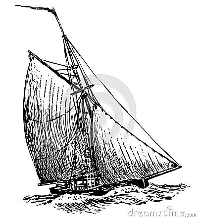 Freehand drawing of ancient sailing boat in the sea Vector Illustration