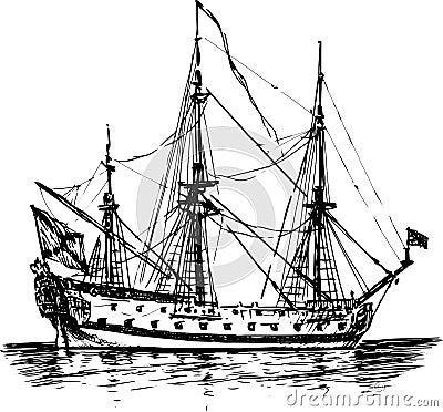 Freehand drawing of ancient sailing ship in sea trip Vector Illustration