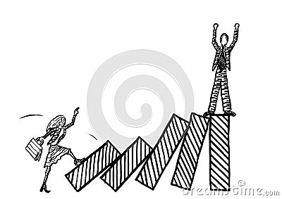 Drawn Woman Toppling Male Rival Via Domino Effect Stock Photo