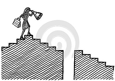 Drawn Business Woman Spotting Pitfall In Steps Stock Photo