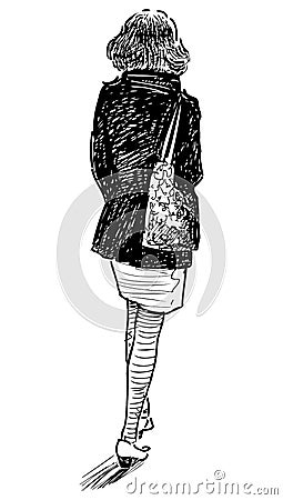 Freehand drawing of casual slim young woman walking outdoors alone Vector Illustration