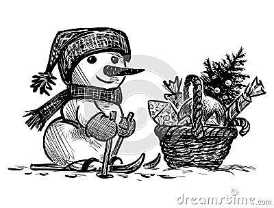 Freehand drawing of cheerful snowman skiing with a basket of christmas gifts Vector Illustration