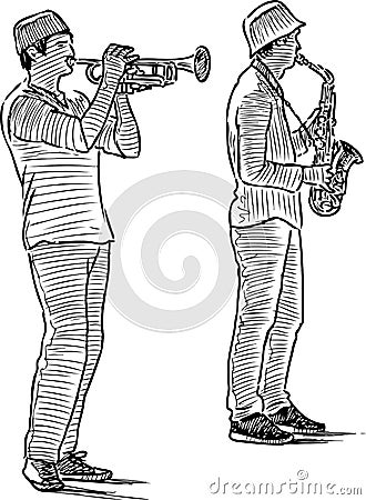 Freehand drawing of duet young street musicians playing on saxophone and trumpet Vector Illustration