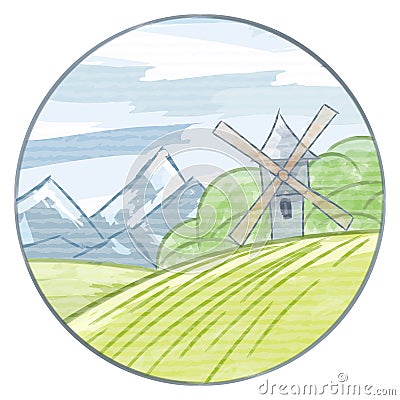 Freehand drawing of landscape with watercolor brushes in a circle Vector Illustration