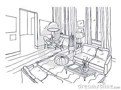 Freehand drawing of living room full of stylish comfortable furniture Vector Illustration