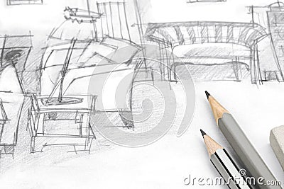Freehand drawing of living room with pencils on paper Stock Photo