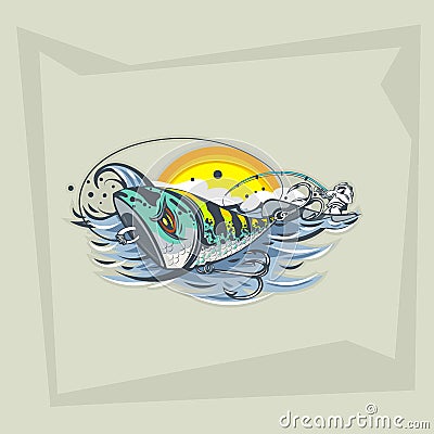 Freehand drawing Lures on the water and a fisherman in a boat Vector Illustration