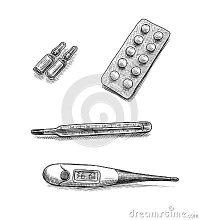 Freehand drawing of medical blister with tablets and ampoules for injections and various thermometers for measuring temperature Stock Photo