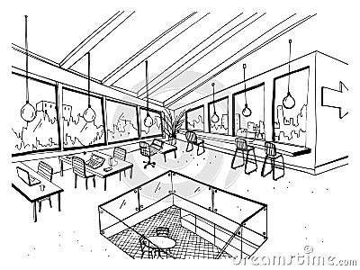 Freehand drawing of open space or coworking with large panoramic windows and comfortable furniture. Sketch of interior Vector Illustration