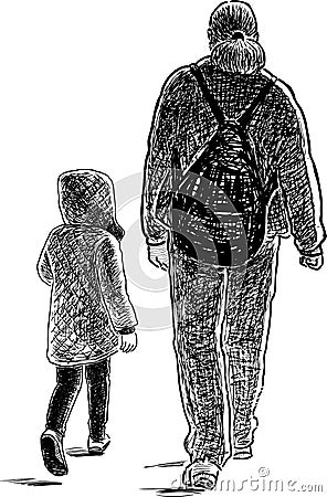 Freehand drawing of parent with his little daughter walking for a stroll Vector Illustration