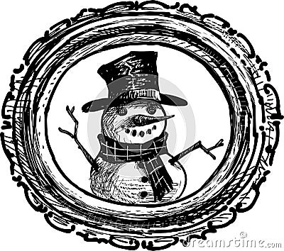 Freehand drawing of portrait cheerful snowman in decorative oval picture frame Vector Illustration