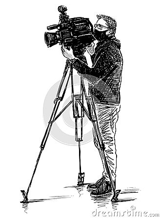 Sketch of professional videographer filming on camera Vector Illustration