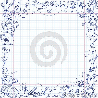 Freehand drawing school stationery items on sheet of exercise book Vector Illustration