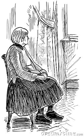 Freehand drawing of tired senior woman sitting on chair and looking at window Vector Illustration